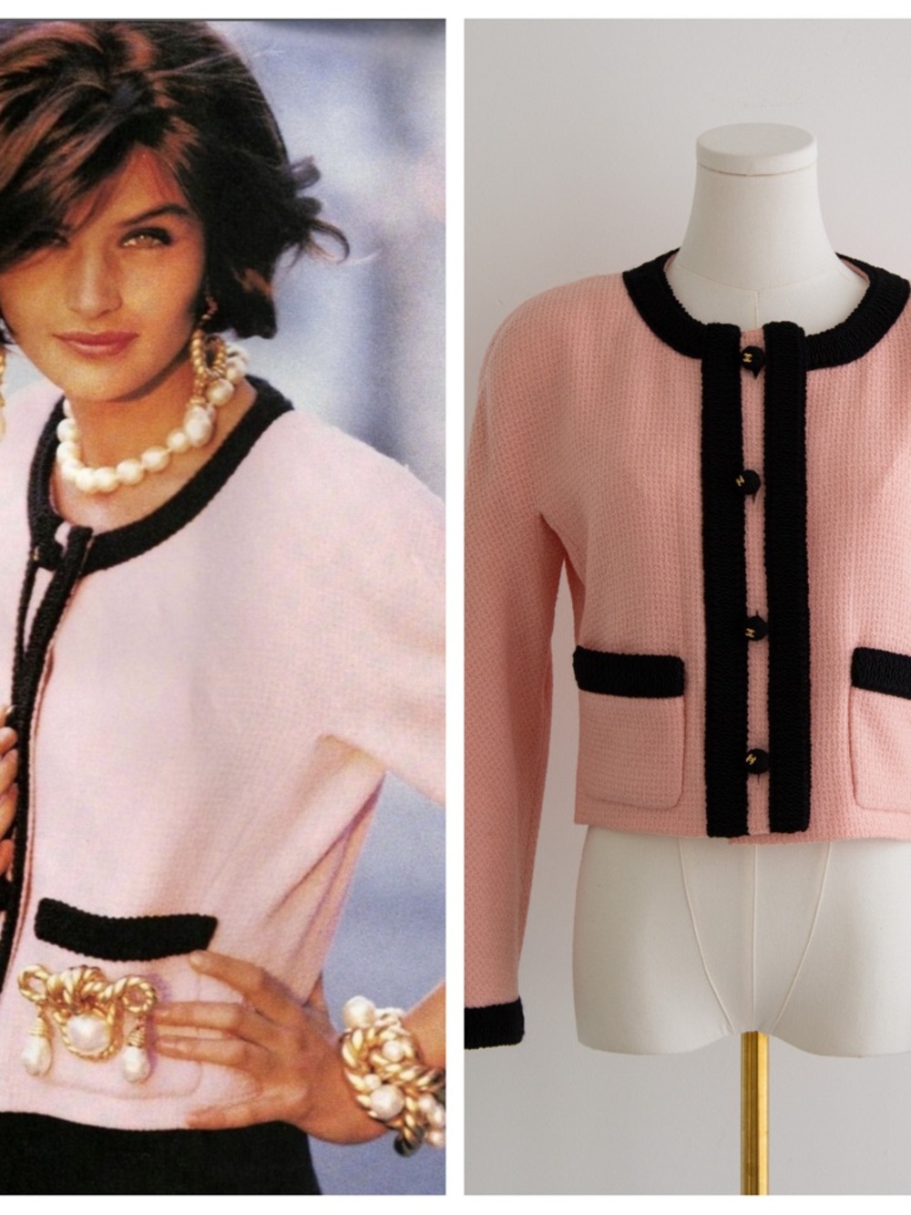 Chanel Vintage S/S 1990 Pink Black CC Tweed Jacket